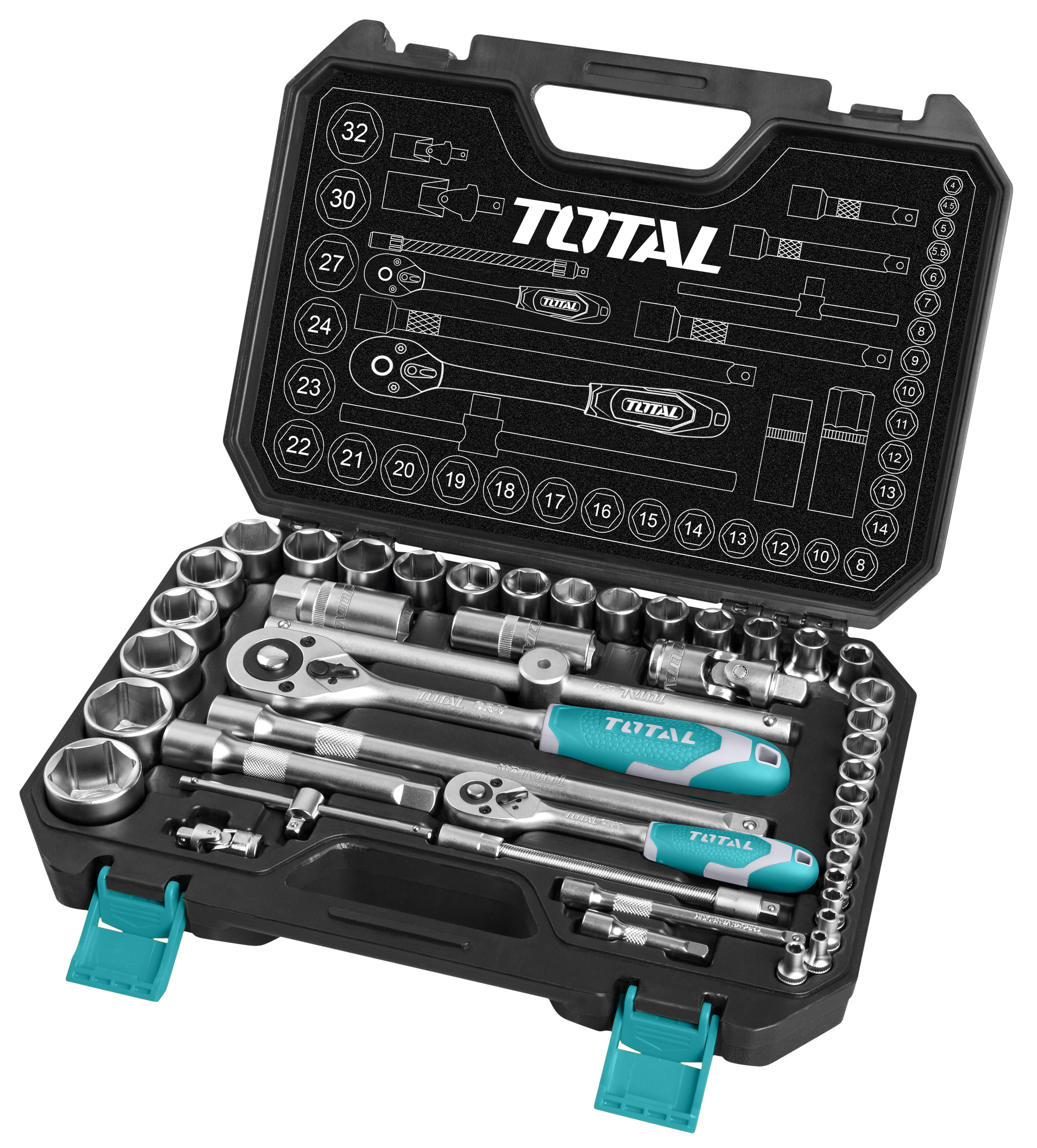 Total 44Pcs 1/4"+1/2" Socket Set