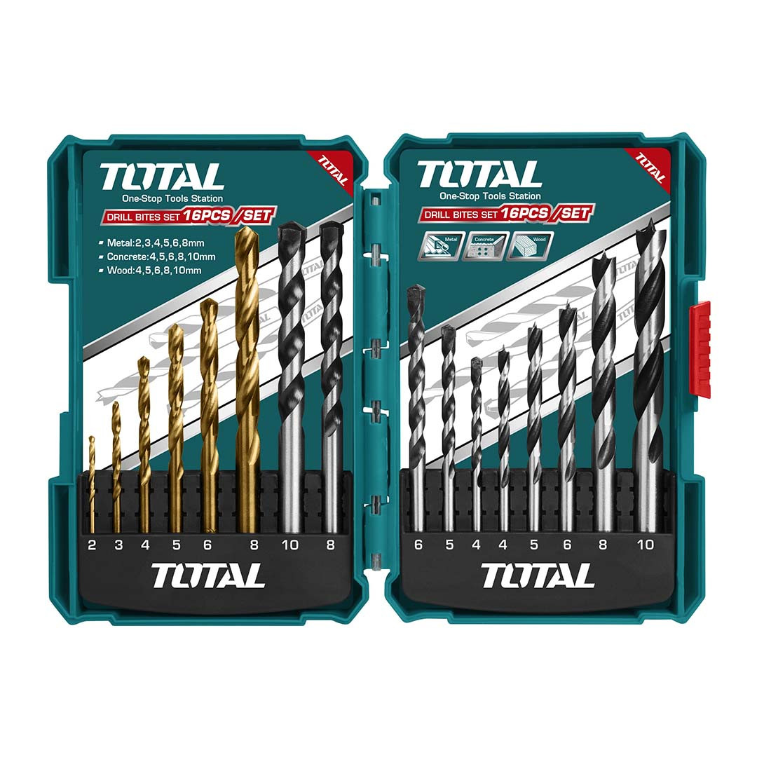 Total 16 Pcs Metal Concrete and Wood Drill Bit Set TACSD6165