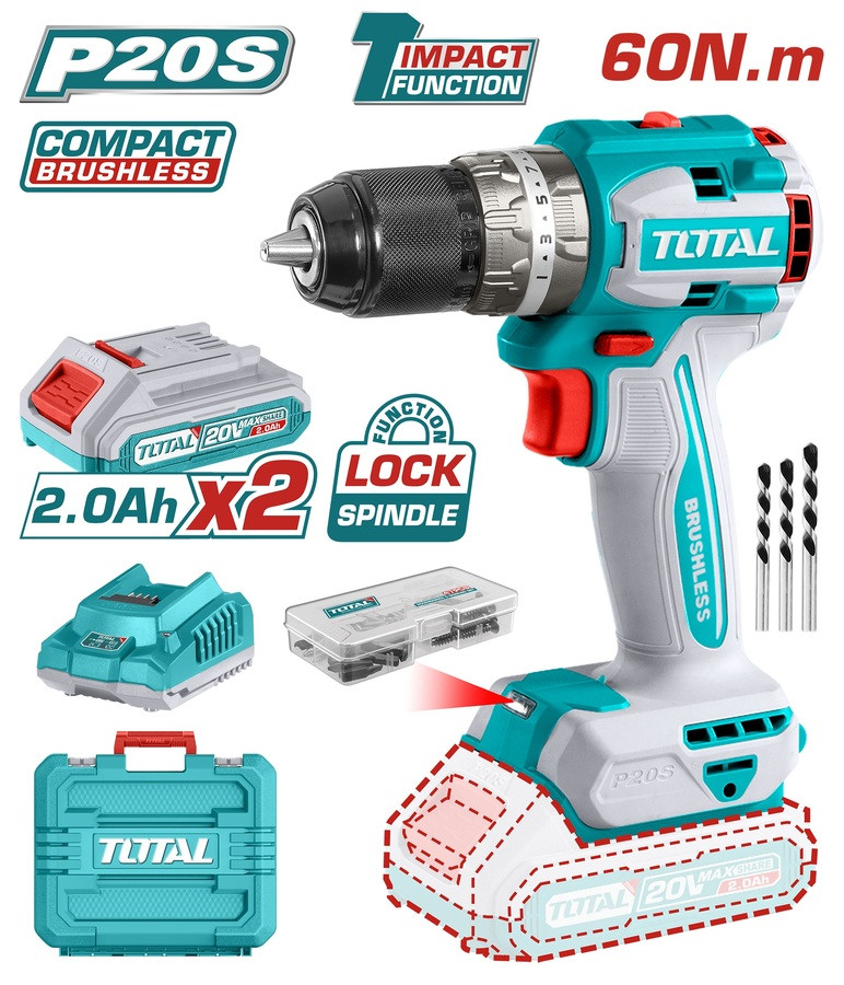TOTAL 20V / 2Ah / 60Nm Lithium-Ion Compact Brushless Impact Drill TIDLI20602