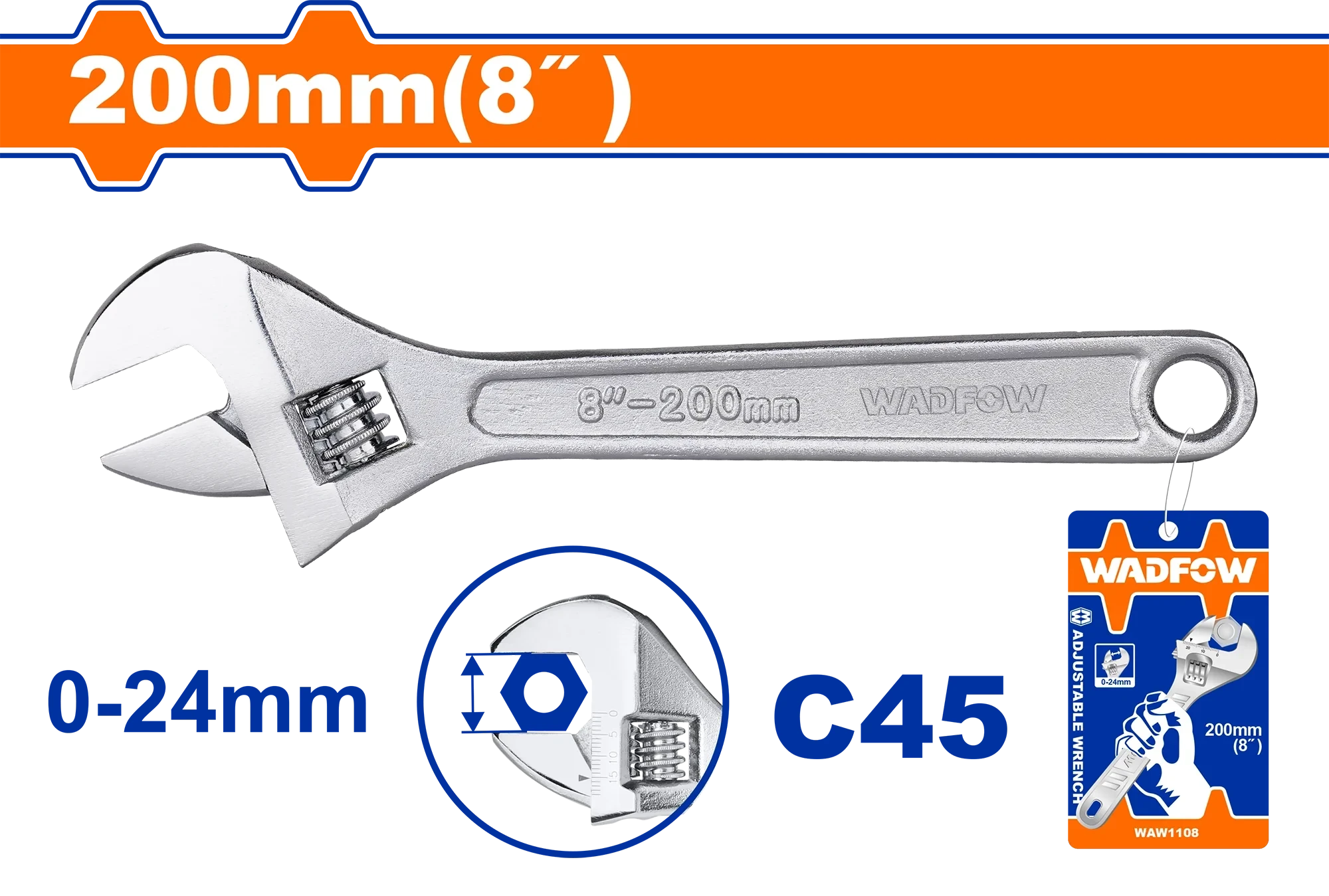 Wadfow 200mm (8") Adjustable Wrench WAW1108