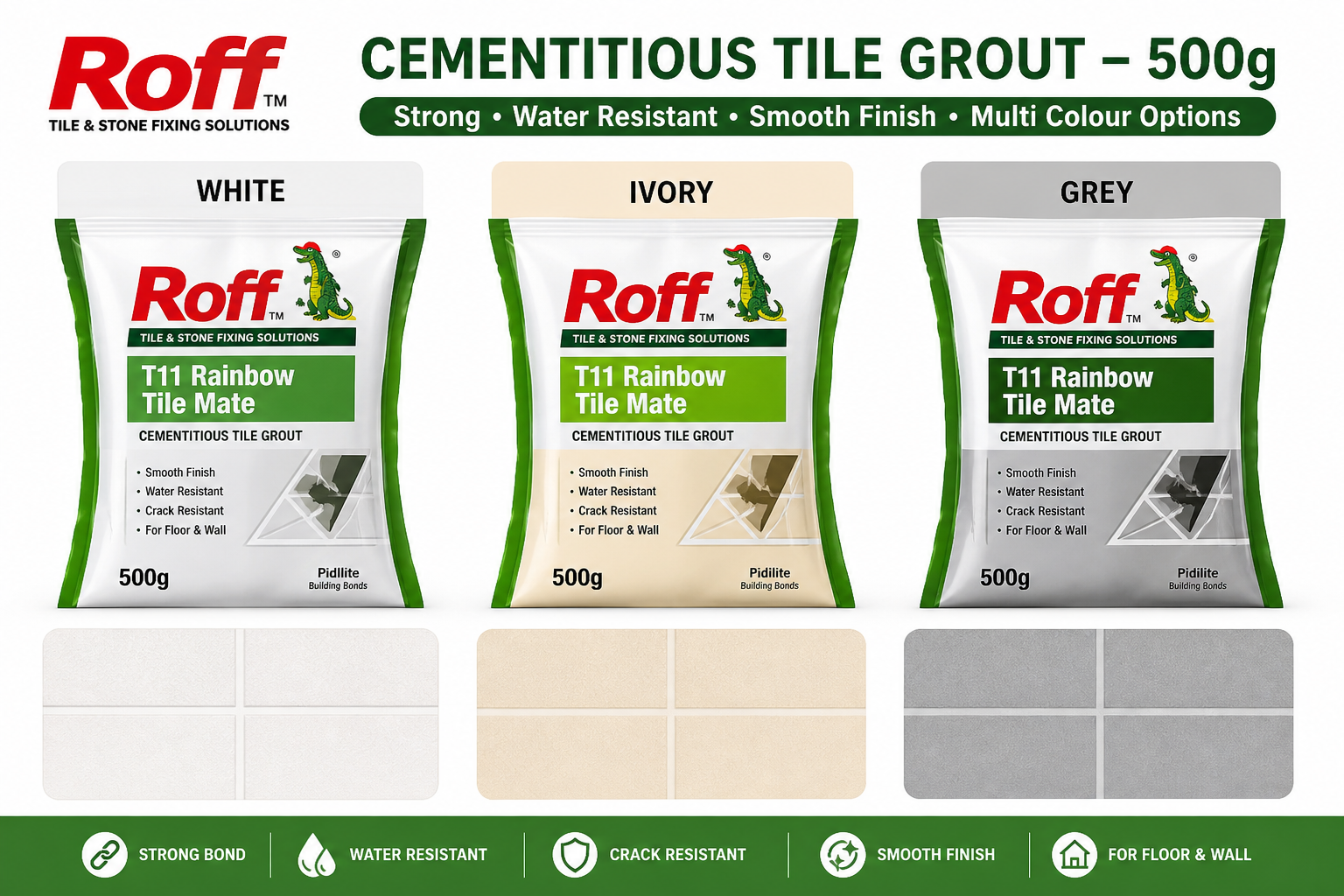 Roff Cementitious Tile Grout –500g (Ivory, White & Grey)