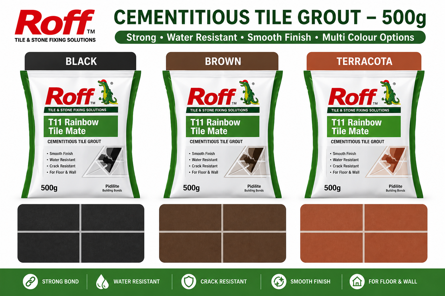 Roff Cementitious Tile Grout –500g (Black, Brown & Terracota )