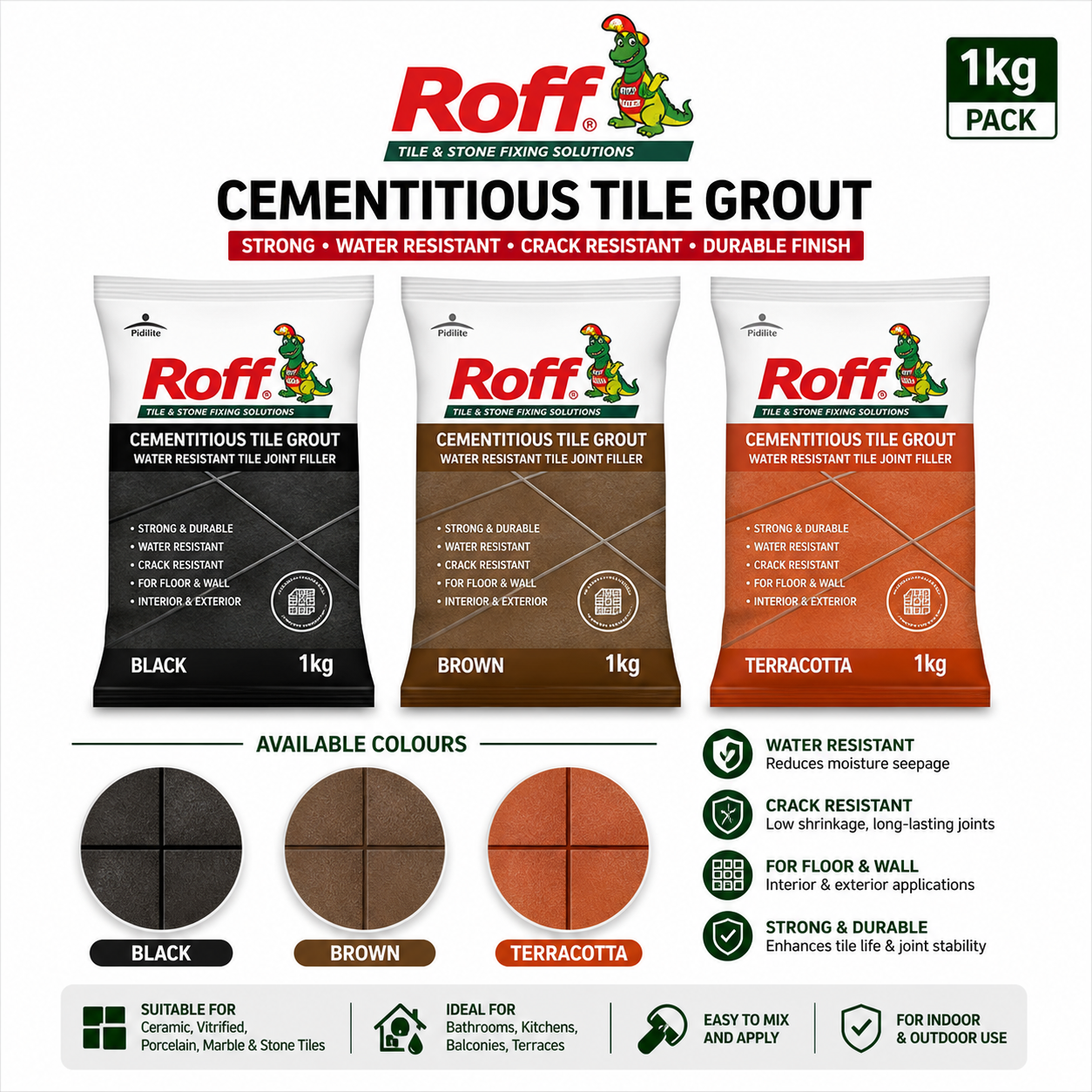 Roff Cementitious Tile Grout –1kg (Black, Brown & Terracota )