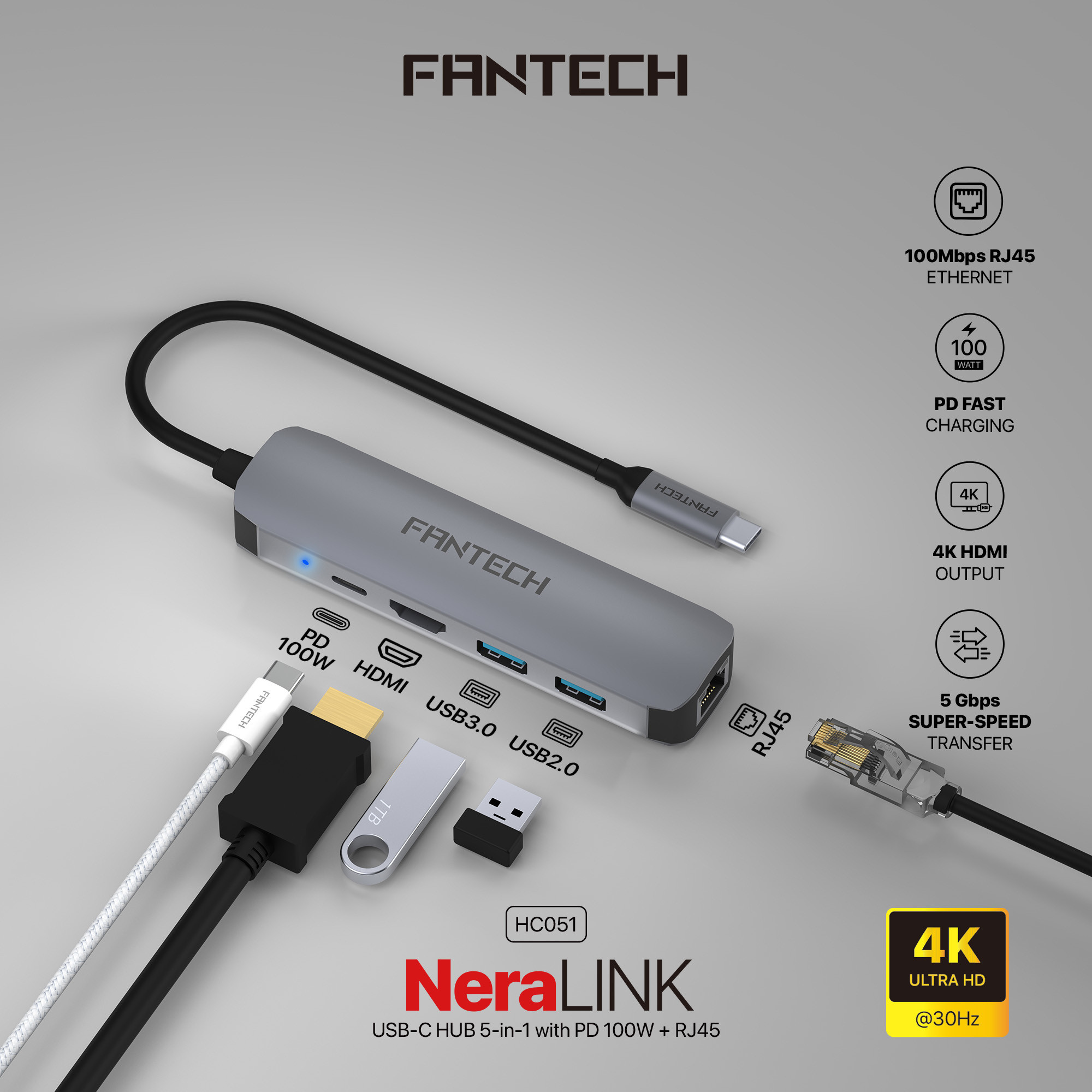 Fantech NeraLINK HC051 USB Hub Grey