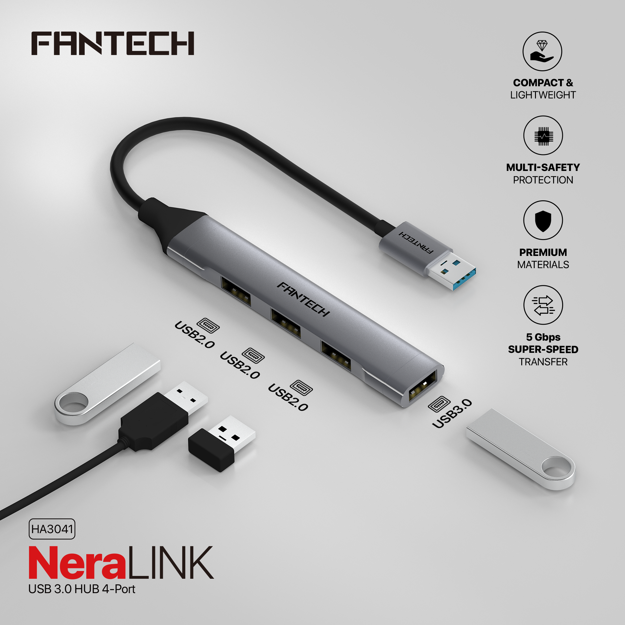 Fantech NeraLINK HA3041 USB Hub Grey