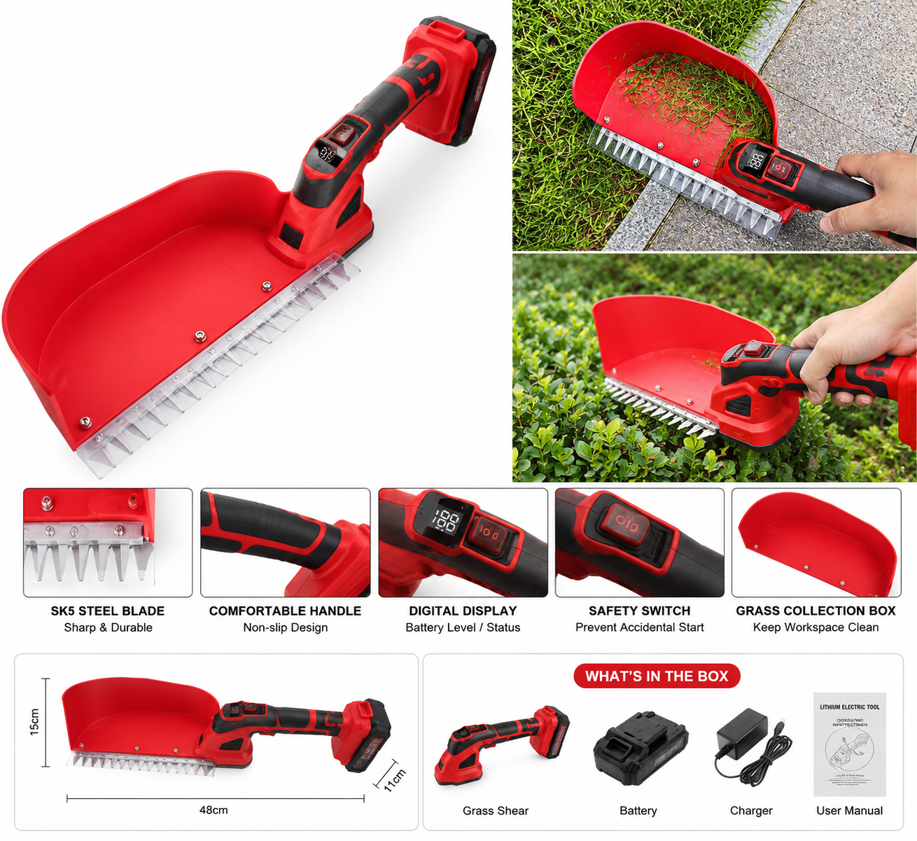 Cordless Electric Hedge Trimmer with Collection Box & Digital Display
