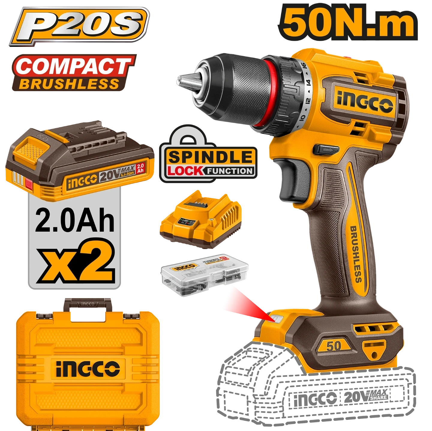 Ingco 20V Compact Brushless Cordless Drill CDLI205062