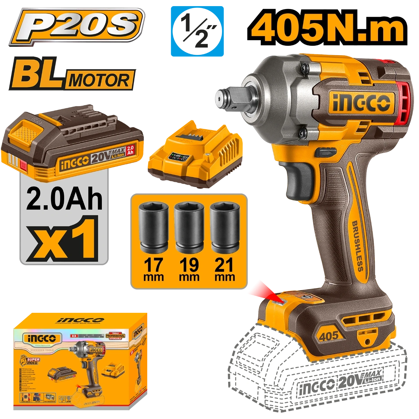 Ingco 20V Cordless Impact Wrench CIWLI20455