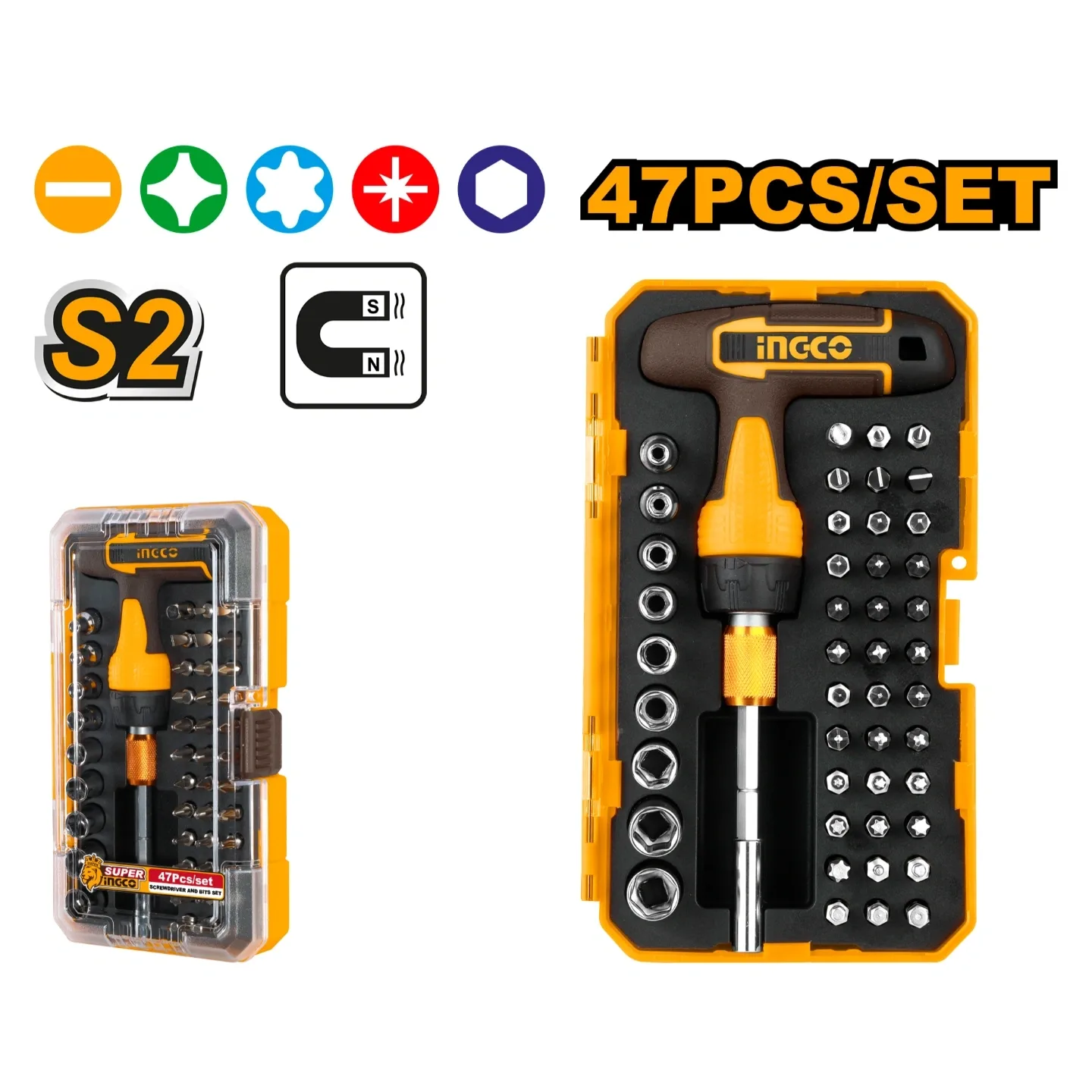Ingco 47 Pcs T-handle Wrench Screwdriver Set HKSDB0478
