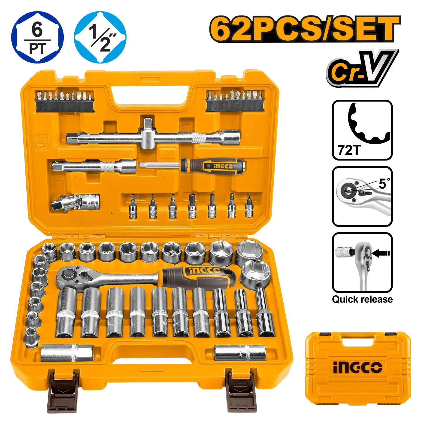 Ingco 62 Pcs 1/2" Socket Set HKTS12602