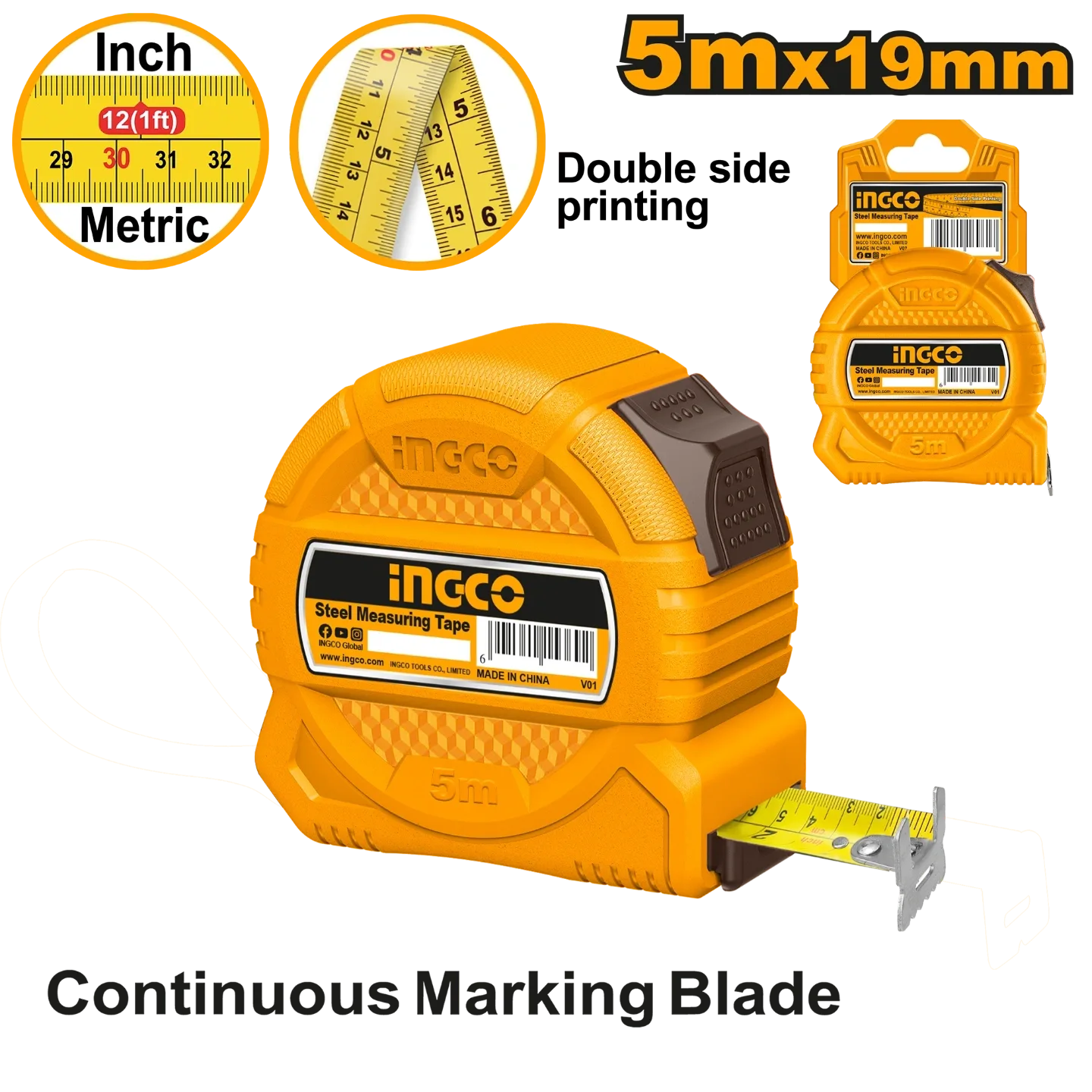 Ingco 5mx19mm Steel Measuring Tape HSMT39519