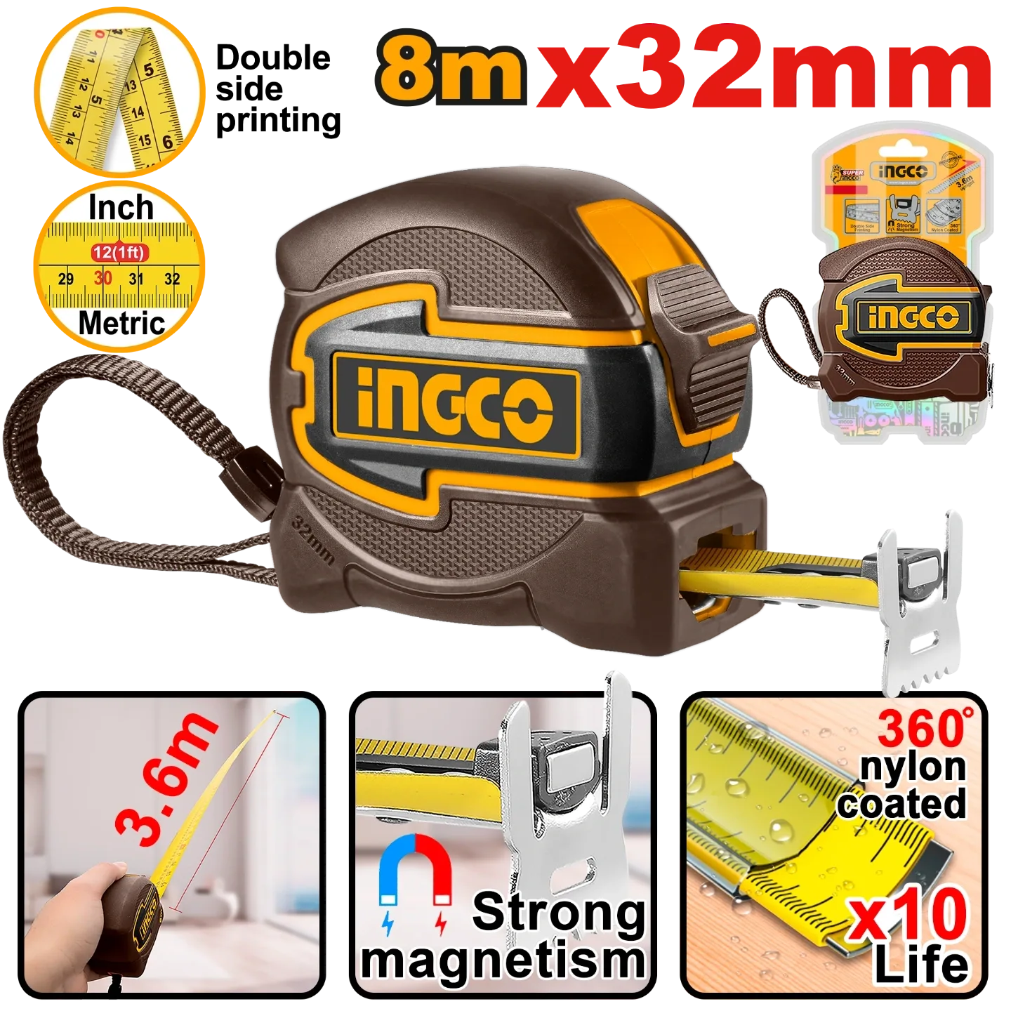 Ingco 8mx32mm Steel Measuring Tape HSMT80832