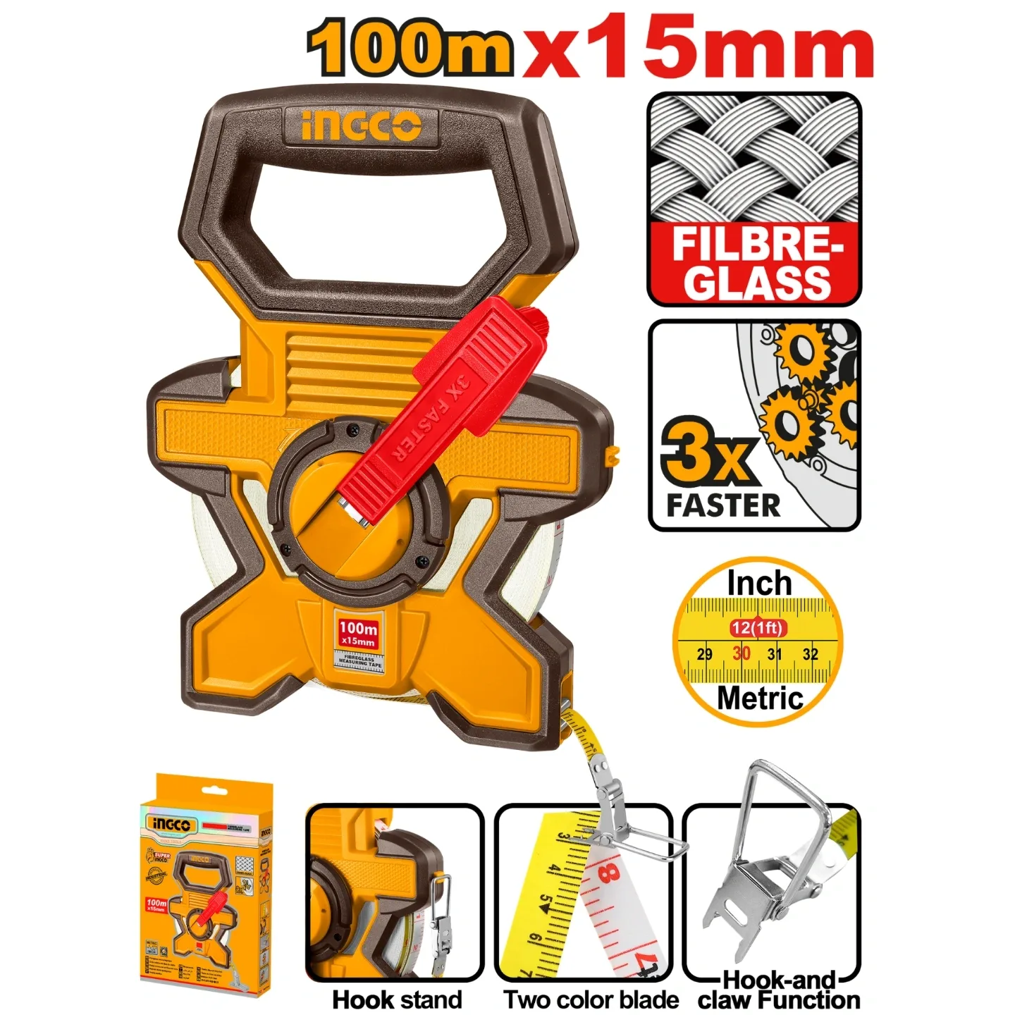 Ingco 100mx15mm Fibreglass Measuring Tape HFMT18100
