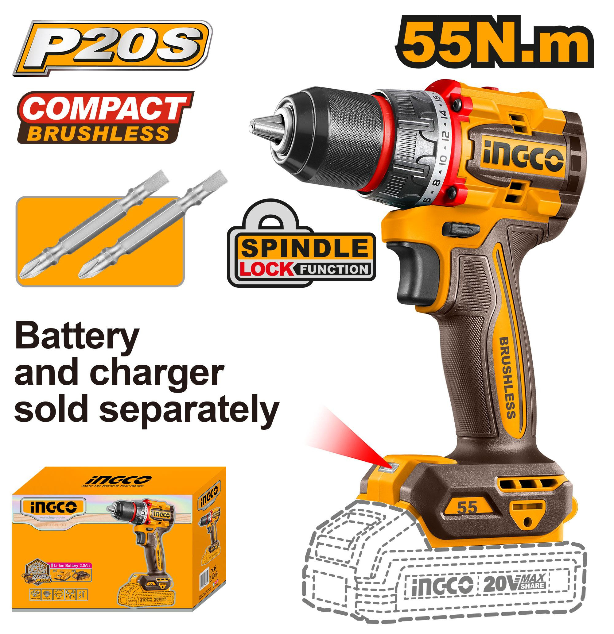 Ingco 20V Compact Brushless Cordless Drill CDLI205581
