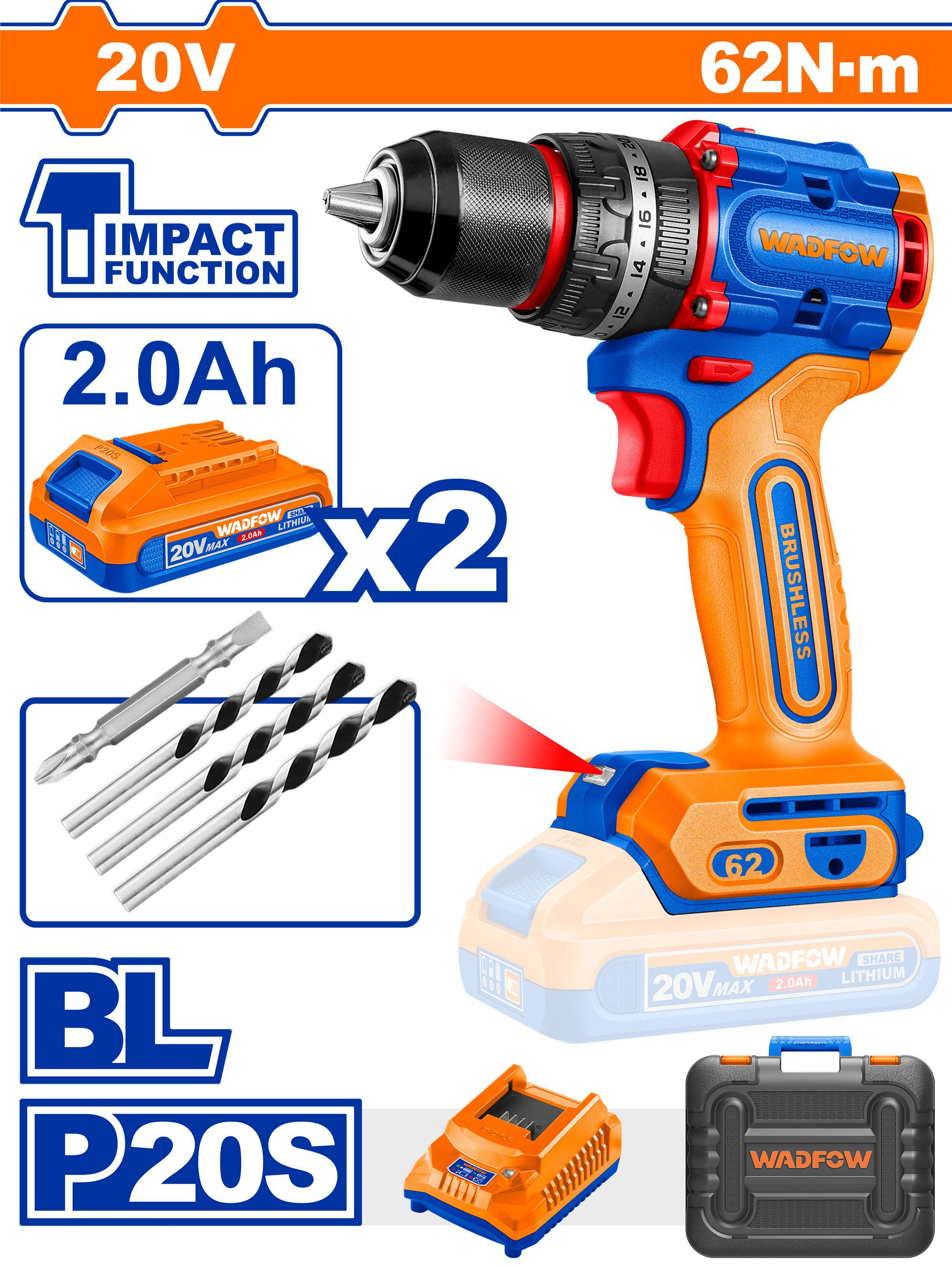 Wadfow 62Nm Compact Brushless Cordless Impact Drill WCDP6281