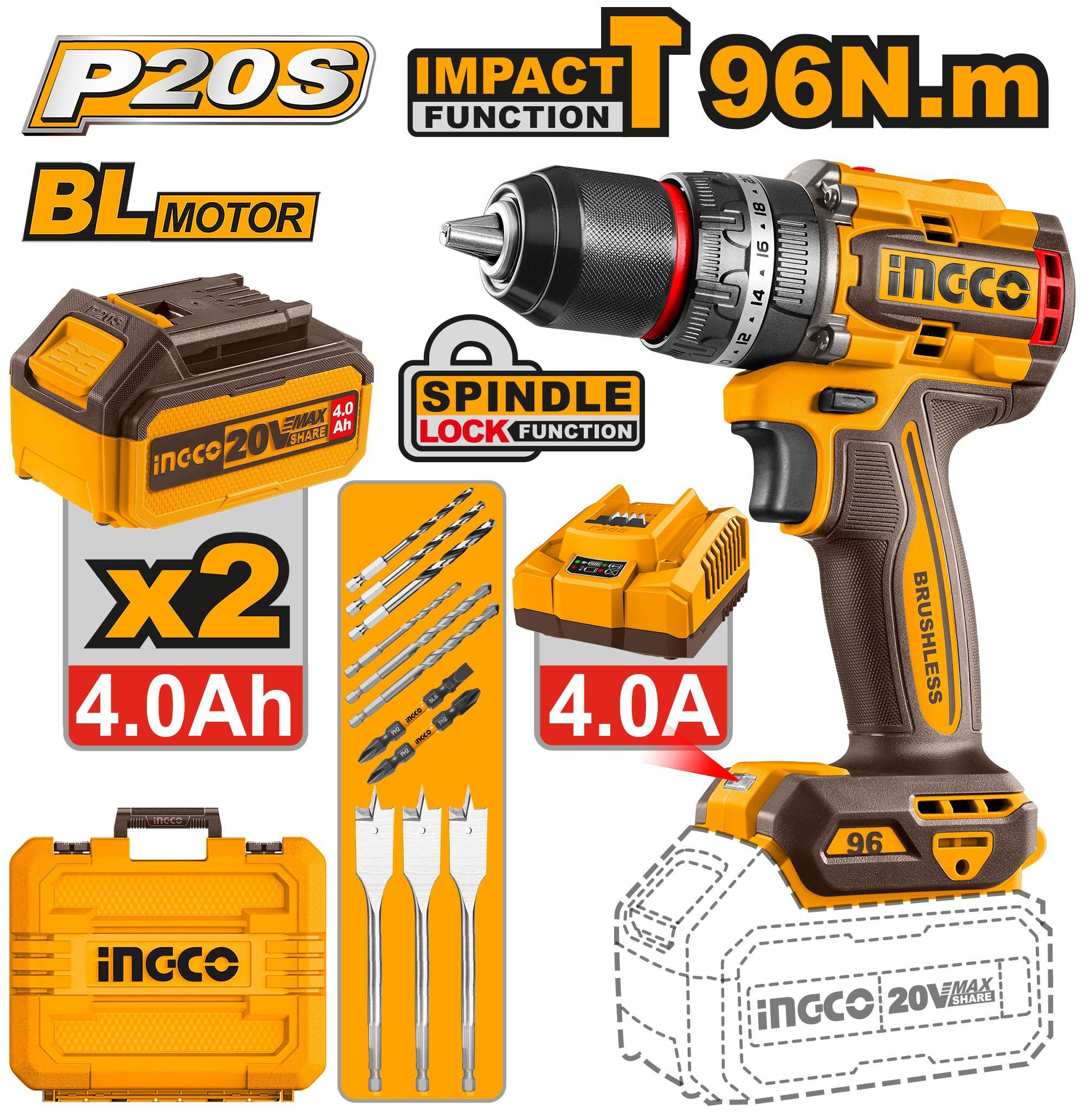 Ingco Brushless cordless impact drill CIDLI20968