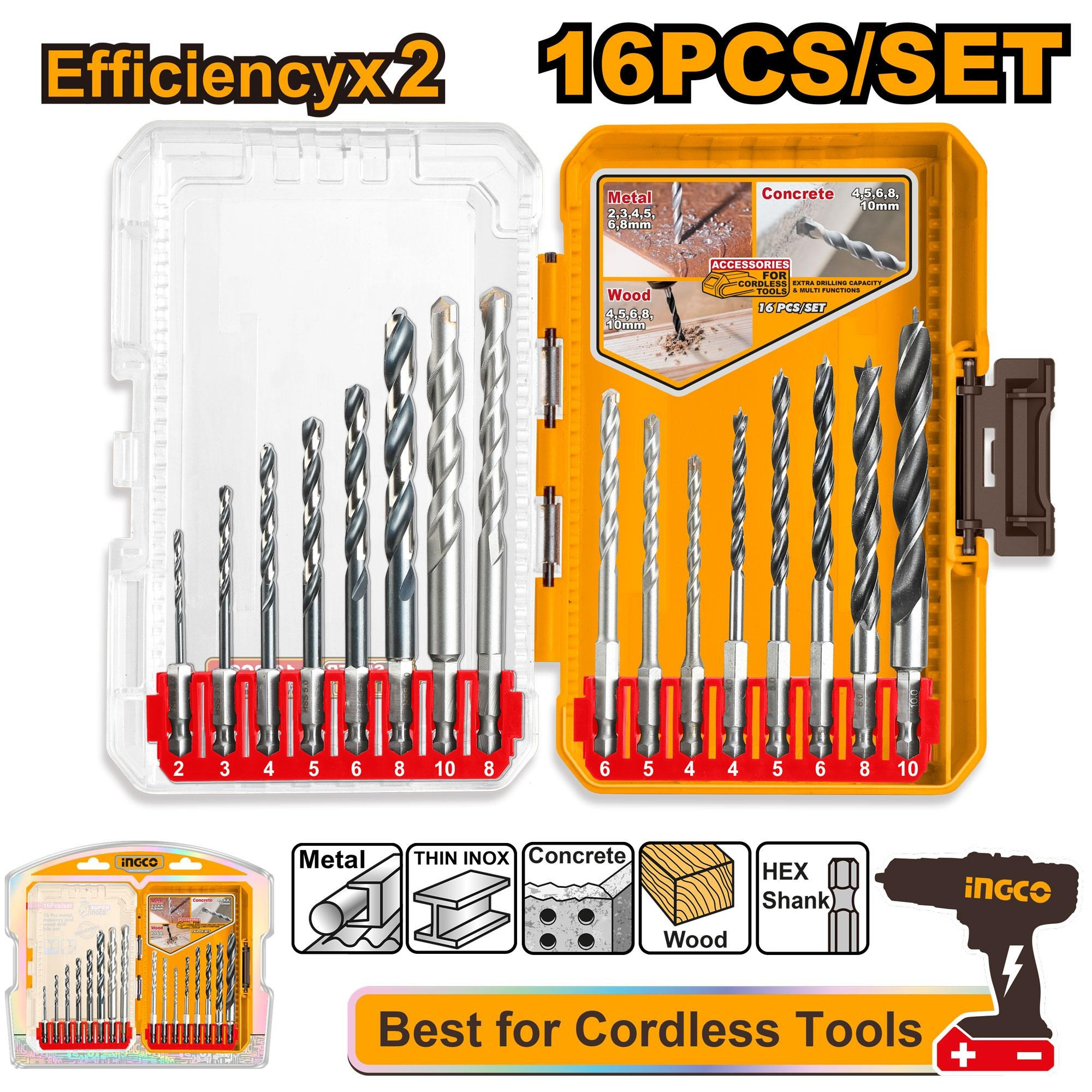 Ingco 16 Pcs metal, masonry and wood drill bits set AKDL11608