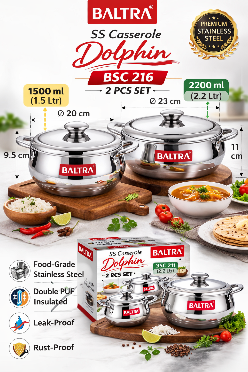 Baltra SS Casserole – BSC 216 Dolphin 2 Pcs Set (1500 ml + 2200 ml)
