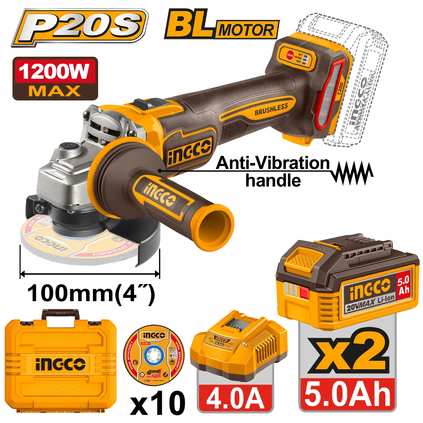 Ingco 20V Cordless Angle Grinder CAGLI2120232