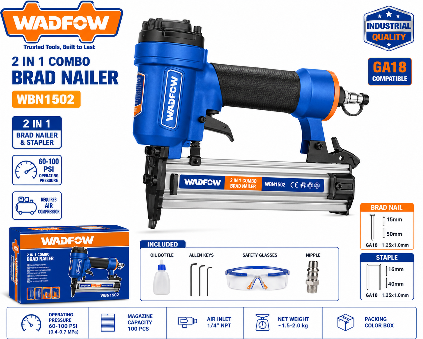 Wadfow 2 in 1 combo Brad Nailer WBN1502