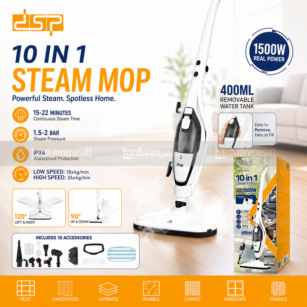 DSP 1500W 10 in 1 Steam Mop KD2076- Black