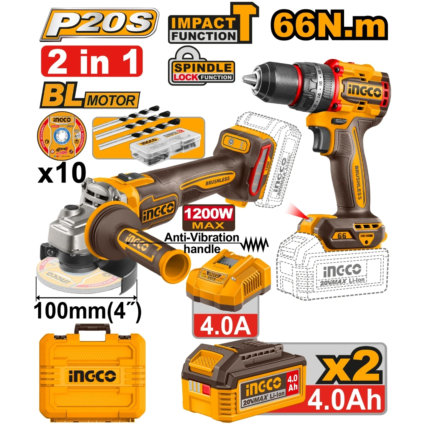 Ingco 20V 2 Pcs Cordless Combo Kit CKLI2025610