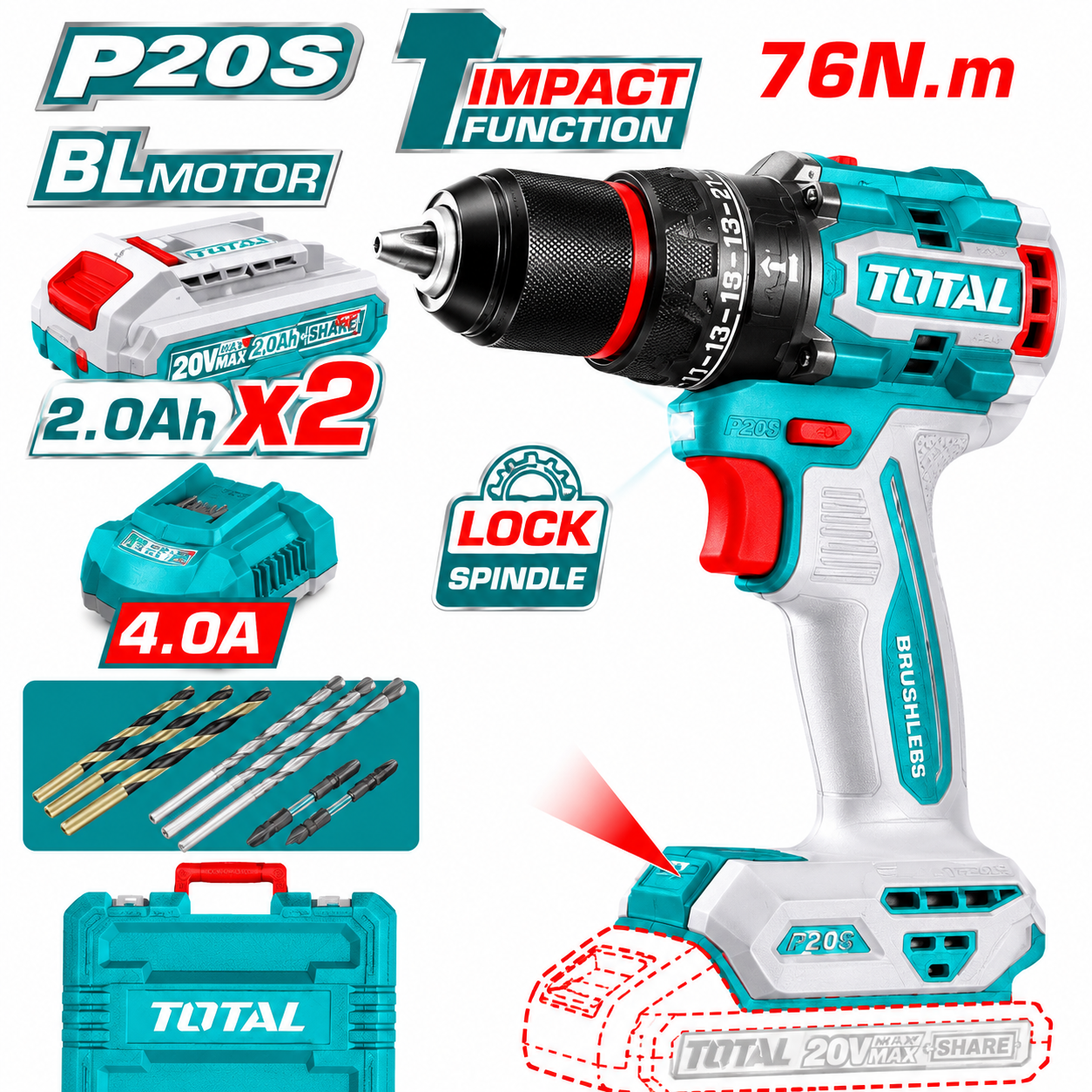 Total 76NM Compact Brushless Cordless Impact Drill TIDLI207686